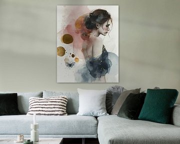 Portrait moderne à l'aquarelle avec des reflets dorés sur Carla Van Iersel
