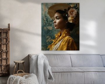 Modern en chic portret van een jonge vrouw met bloemen in het haar van Carla Van Iersel