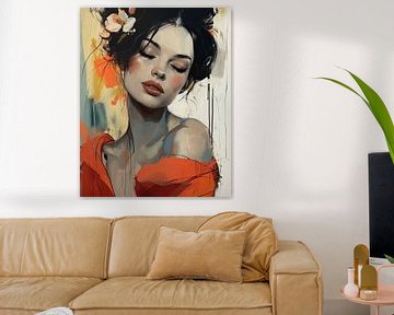 Modern and abstract portrait of a young woman with a flower in her hair by Carla Van Iersel