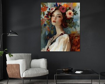 Modernes und farbenfrohes Porträt einer jungen Frau mit Blumen in ihrem Haar von Carla Van Iersel