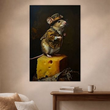 Mouse with Hat Standing on a Piece of Cheese by But First Framing
