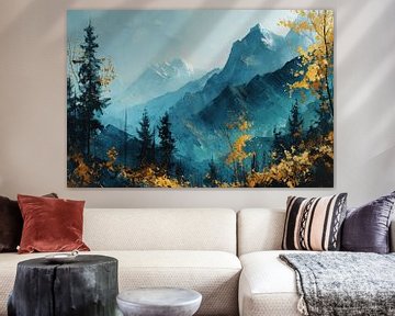 Berglandschap in blauw met gouden accenten van Studio Allee