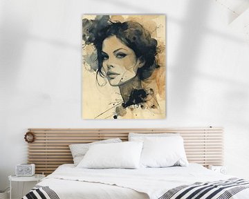 Modern portrait in earth tones with ink, watercolour by Carla Van Iersel