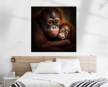 Moeder orang-oetan houdt liefdevol een baby vast van Luc de Zeeuw