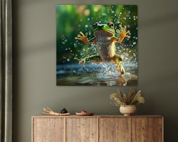 A green frog jumps out of the water by Luc de Zeeuw