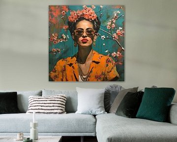 Frida in ochre with pink cherry blossoms by Bianca ter Riet