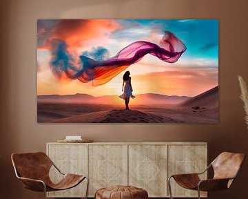 Woman with coloured silk in the desert by Mustafa Kurnaz