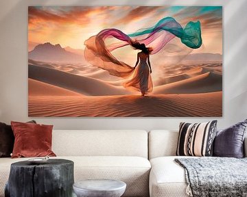 Vrouw met gekleurde zijde in de woestijn van Mustafa Kurnaz
