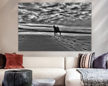 cheval et sulky sur la plage hollandaise en noir et blanc