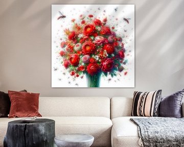 Vaas rode bloemen met insecten van Digital Art Nederland