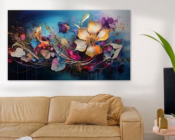 Painting in abstract style of large flowers by Evelien Doosje