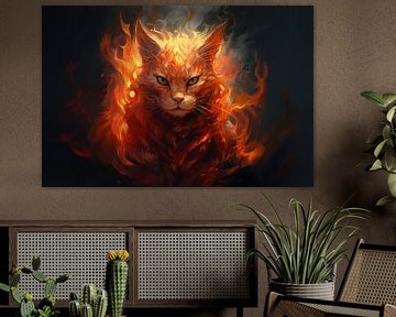 Illustration of Infuriated burning cat with Fire Flames on black by Evelien Doosje