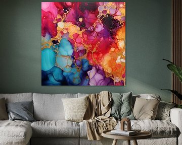 Abstract paining with alcohol ink, vibrant colors and gold by Evelien Doosje