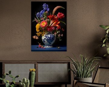 Een Delfts blauwe vaas met bloemen van Luc de Zeeuw