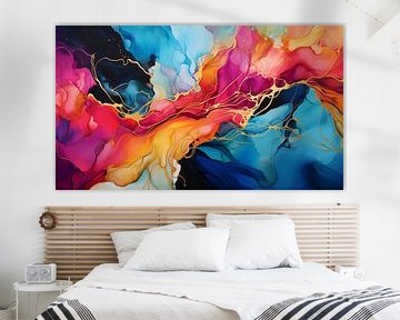 Abstract, alcohol inkt stijl, levendige kleuren met goud van Evelien Doosje