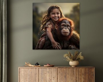 Klein meisje speelt met een Orang-oetan van Luc de Zeeuw