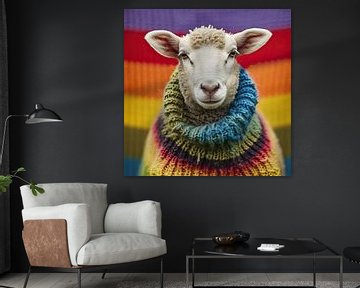 Joyeux manteau : le portrait d'un mouton arc-en-ciel sur Vlindertuin Art