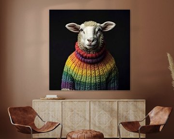 Mouton arc-en-ciel : un joyeux portrait d'animal de ferme sur Vlindertuin Art