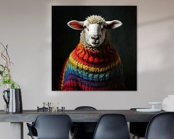 Kleurrijk Portret van een Schaap in Regenboogtrui van Vlindertuin Art