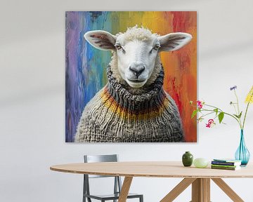 Laine aux couleurs de l'arc-en-ciel : Mouton en pull-over sur Vlindertuin Art