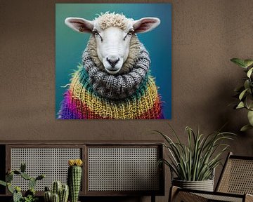 Wolle in Farbe: Verspieltes Schaf im Regenbogenpullover von Vlindertuin Art