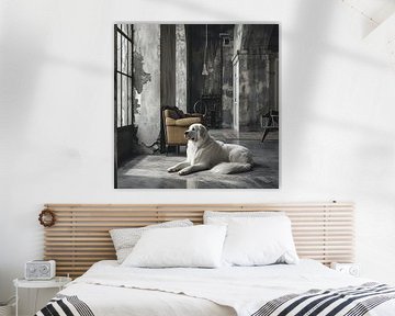 Chien des Pyrénées en décor industriel sur Karina Brouwer