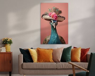 Chic peacock with straw hat by NJ Midnight Studio