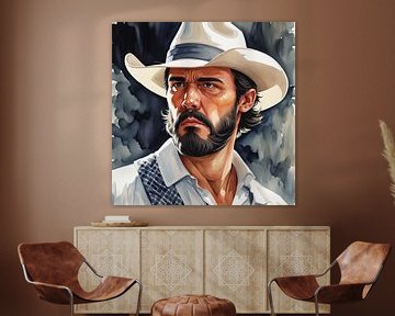 Ervaren bebaarde cowboy met hoed in overhemd - aquarel portret van A.D. Digital ART