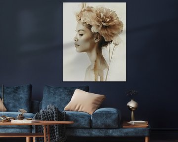 Modern portrait with a large flower in old rose by Carla Van Iersel