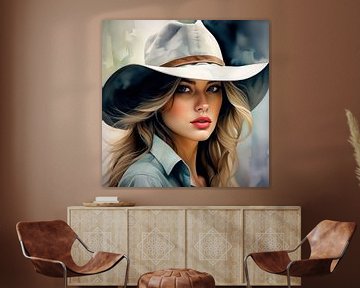 Schönes Cowgirl Mädchen mit grauem Hut und Hemd - Wasserfarben Portrait von A.D. Digital ART