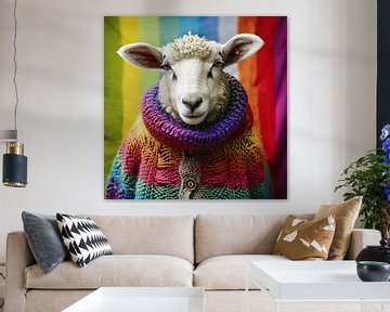 Sheep portrait in rainbow jumper by Vlindertuin Art