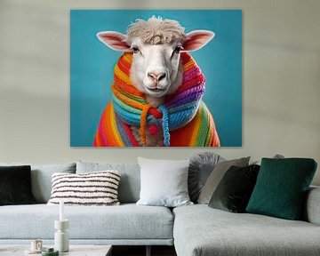 Woolly Warmth: Portrait of Sheep with rainbow scarf by Vlindertuin Art