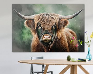 Scottish highlander digital art watercolour green by KB Design & Photography (Karen Brouwer)