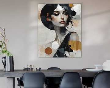 Modern en abstract portret in zwart, goud, grijs, wit en bruin van Carla Van Iersel