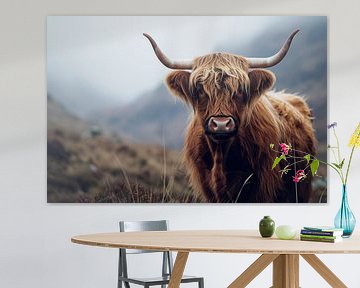 Schotse hooglander kijkt in de camera in de schotse bergen van Digitale Schilderijen