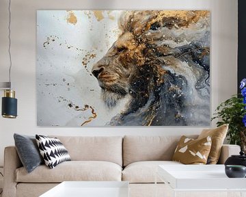 Abstraktes Porträt eines Löwen in Gold, Weiß und Schwarz von Digitale Schilderijen