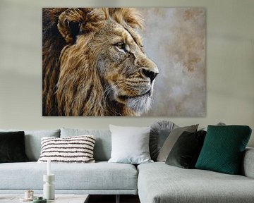 Portrait élégant d'un lion dans une teinte beige sur Digitale Schilderijen