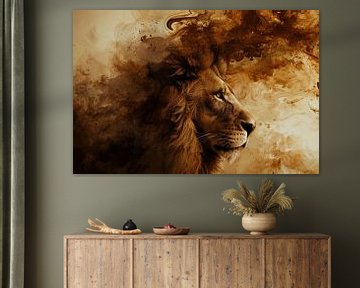 Un portrait abstrait de lion dans les tons chauds du beige sur Digitale Schilderijen