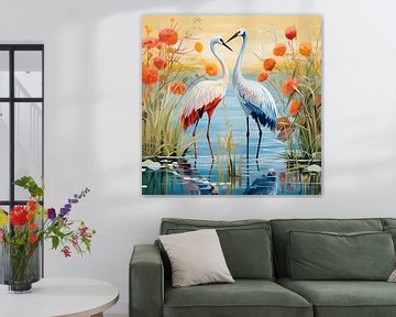 Cranes | Crane Painting by Blikvanger Schilderijen