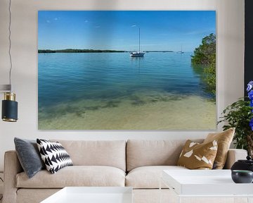 USA, Florida, Boats on the water of florida keys between mangrove forest by adventure-photos