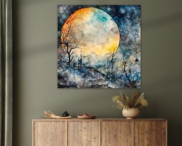 Full moon over a forest village - watercolour painting by A.D. Digital ART