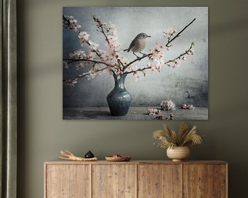 Oiseau sur des branches fleuries dans un vase sur KB Design & Photography (Karen Brouwer)