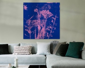 Abstract botanical art. Flowers and plants in neon blue and pink by Dina Dankers