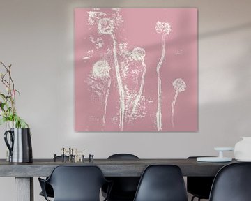 Abstract botanical art. Flowers and plants in white on pink by Dina Dankers