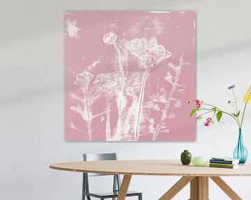 Abstract botanical art. Flowers and plants in pink and white by Dina Dankers