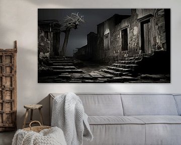 vieux bâtiment en noir et blanc avec une lumière dramatique sur Gelissen Artworks