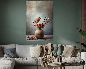 Stilleven vogeltje op besjes en takjes in een vaas van KB Design & Photography (Karen Brouwer)