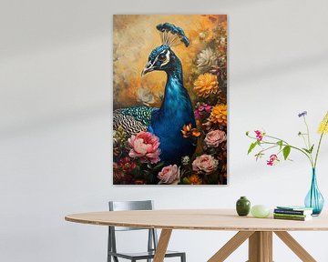 Peacock among colourful Flowers by But First Framing