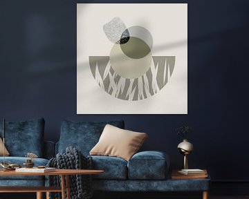 Abstract artwork with round shapes and textures in sage green and beige tones by Imaginative