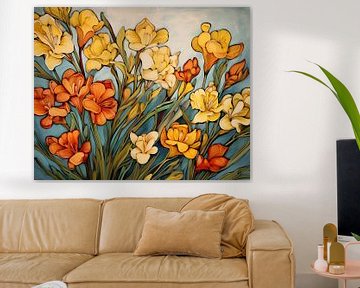Fleurs jaunes orangées sur Peinture Abstraite